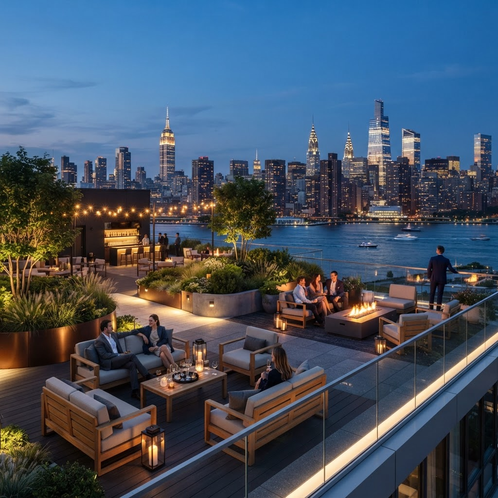 The landscaped rooftop terrace at Urban 21 overlooking the Manhattan skyline at dusk