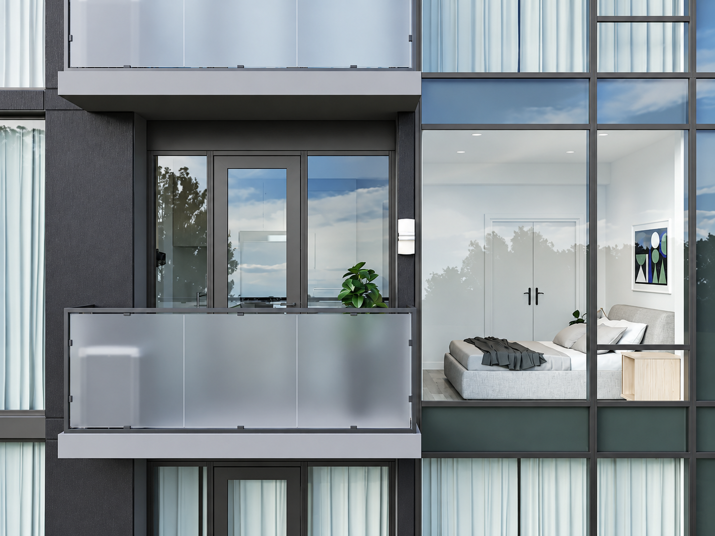 Close-up detail of the Urban 21 façade showing glass balconies and a view into a residence