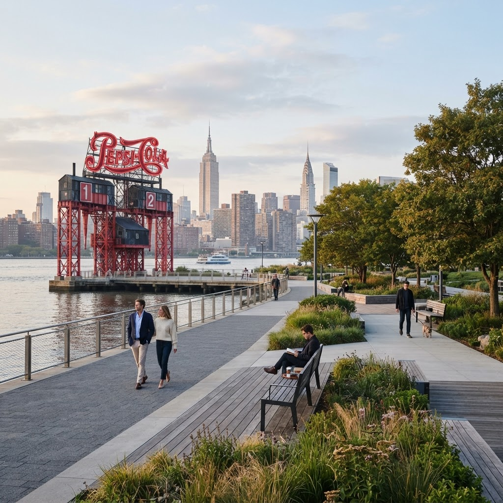 Gantry Plaza waterfront with the Long Island sign and Manhattan skyline